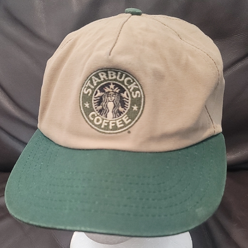 Starbucks Tan & Green Baseball Cap Hat Vtg 90s Rare Made in USA by Cap America